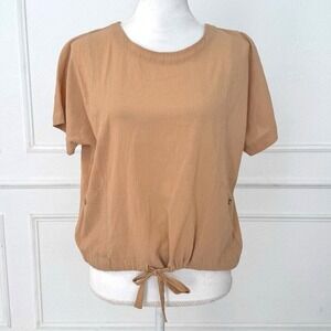 Madewell Tie-Hem Short‎ Sleeve Blouse | Neutral Tan Drawstring Top | Size Small